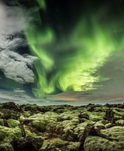 The lava in Iceland is both rough and tender with its soft moss. The aurora among the clouds in the sky shows the beauty of evenings in Iceland.