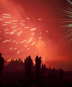 Bonfire and fireworks in Reykjavik, the capital of Iceland. New Years Eve bonfire is always every 31st of December every year in Iceland with fireworks.