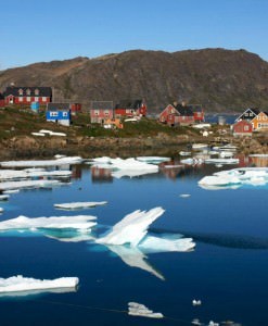 View of ice and village in Kulusuk, Greenland